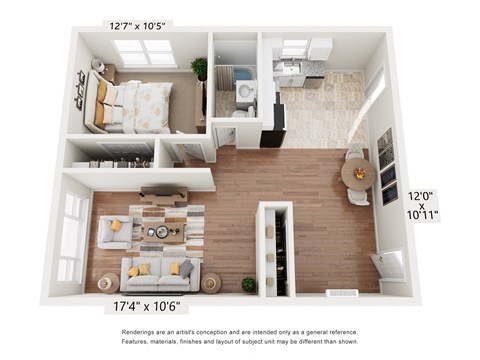 Floor plan for 1 bed, 1 bath, 775 sqft